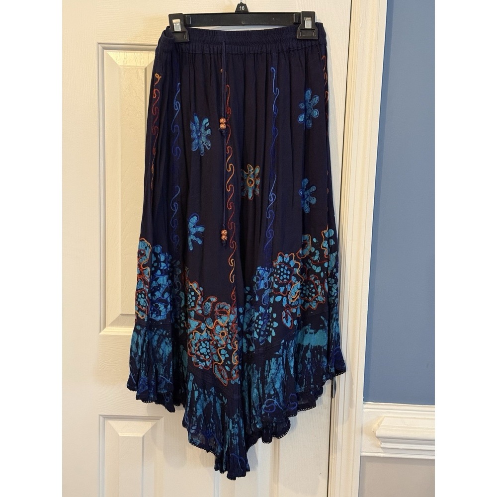 Gars M Navy Boho Gypsy Hippie Festival Floral Handkerchief Midi Skirt Elastic